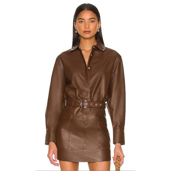 Camila Coelho Brown Lamb Leather Front Snap Collared Shirt XS - Picture 1 of 16